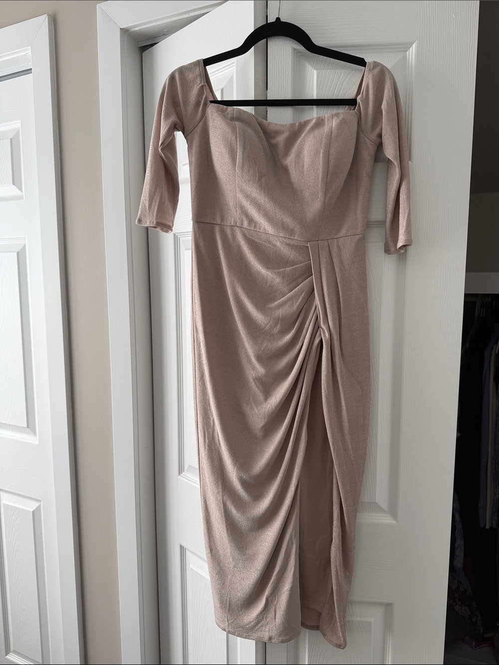 Nude Ruched Midi Dress with Square Neckline with Slit